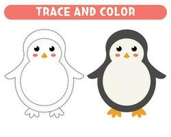 Trace and color cute little cartoon penguin. Worksheet for kids vector