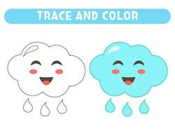 Trace and color cute little cloud with raindrops. Worksheet for kids vector