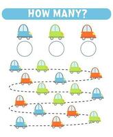 Math game for kids. How many cars are there. Printable worksheets. vector