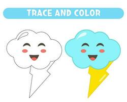 Trace and color cute little cloud with lightning. Worksheet for kids vector