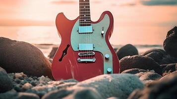 rojo guitarra en el playa ai generado foto