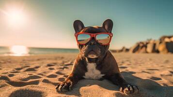 Dog wearing Sunglasses sitting on the Beach AI Generated photo