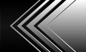 Abstract silver arrow direction geometric on black hexagon mesh pattern design modern luxury futuristic background vector