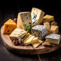 Cheeses on a wooden board AI Generated photo