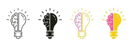 Knowledge, Smart Solution Line and Silhouette Color Icon Set. Light Bulb and Human Brain Pictogram. Inspiration, Creative Idea Symbol Collection on White Background. Isolated Vector Illustration.