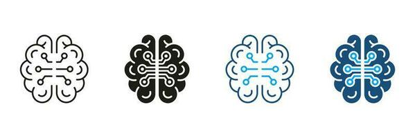 Artificial Intelligence Black and Color Symbol Collection. Network, Tech Science Pictogram. Human Brain with Circuit, Digital Technology Silhouette and Line Icons Set. Isolated Vector Illustration.