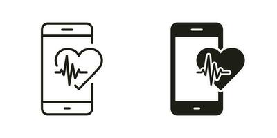 Mobile App for Sport Pictogram. Smartphone for Heart Pulse Control Line and Silhouette Black Icon Set. Heartbeat Rate in Digital Smart Phone Symbol Collection. Isolated Vector Illustration.