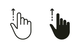 Hand Finger Drag Up Line and Silhouette Black Icon Set. Gesture Swipe and Slide Up Pictogram. Pinch Screen, Rotate on Screen Symbol Collection on White Background. Isolated Vector Illustration.