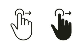 Drag Right, Hand Finger Gesture Swipe Line and Silhouette Icon Set. Pinch Screen, Rotate on Screen Pictogram. Gesture Slide Right Symbol Collection on White Background. Isolated Vector Illustration.