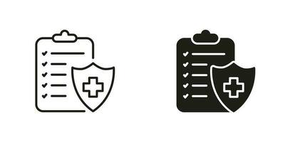 Medical Record Line and Silhouette Black Icon Set. Hospital Diagnostic Document Symbol Collection. Patient Diagnosis Report Pictogram. Health Information on Clipboard. Isolated Vector Illustration.