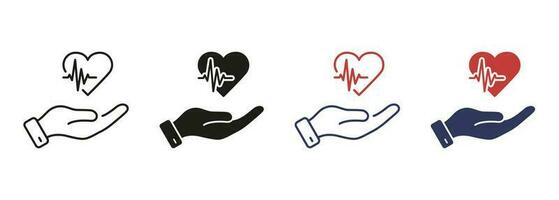 Heart Beat Rate Frequency Line and Silhouette Color Icon Set. Cardiac Treatment, Care, Help and Diagnosis Symbol Collection. Heartbeat with Human Hand Glyph Pictogram. Isolated Vector Illustration.