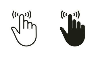 Pointer Finger Pictogram. Cursor Hand, Computer Mouse Line and Silhouette Black Icon Set. Click, Press, Double Tap, Touch Swipe Point Finger Gesture Symbol Collection. Isolated Vector Illustration.