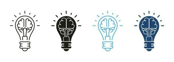 Knowledge, Smart Solution Line and Silhouette Color Icon Set. Light Bulb and Human Brain Pictogram. Inspiration, Creative Idea Symbol Collection on White Background. Isolated Vector Illustration.