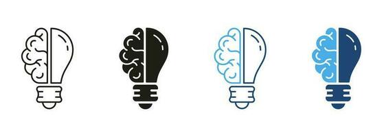 Human Brain and Lightbulb, Idea Pictogram. Innovation Symbol on White Background. Light Bulb Inspiration, Knowledge, Smart Solution Line and Silhouette Color Icon Set. Isolated Vector Illustration.