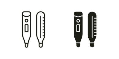 termómetro línea y silueta negro icono colocar. médico herramienta para temperatura controlar pictograma. electrónico y mercurio termómetro símbolo recopilación. aislado vector ilustración.