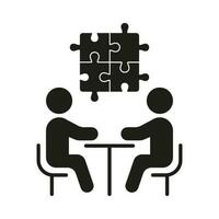 People Brainstorming on Meeting. Business Cooperation, Collaboration Glyph Pictogram. Puzzle and Teamwork Silhouette Icon. Management, Connection, Coworking Solid Sign. Isolated Vector Illustration.