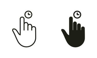 Hand Cursor, Computer Mouse Line and Silhouette Black Icon Set. Finger Pointer with Clock Pictogram. Click, Press, Tap, Touch, Swipe, Point Gesture Sign Collection. Isolated Vector Illustration.