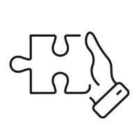 Jigsaw Piece in Human Hand Line Icon. Successful Teamwork, Cooperation, Togetherness Linear Pictogram. Puzzle Match, Problem Solving Outline Sign. Editable Stroke. Isolated Vector Illustration.