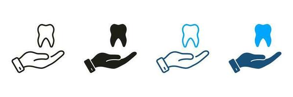 Dental Treatment, Stomatology Protection Pictogram. Tooth and Human Hand. Dental Care Silhouette and Line Icons Set. Dentistry, Dentist Support Symbol Collection. Isolated Vector Illustration.