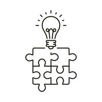 Problem Solving, Business Innovation Linear Pictogram. Jigsaw with Light Bulb Outline Sign. Puzzle and Lightbulb, Creative Solution Concept Line Icon. Editable Stroke. Isolated Vector Illustration.