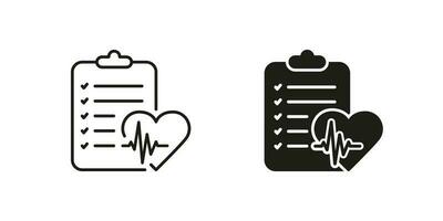 Health Information on Clipboard, Hospital Note, Diagnostic Document. Medical Record Symbol Collection. Patient Diagnosis Report Line and Silhouette Black Icon Set. Isolated Vector Illustration.