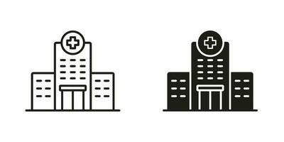 Medical Clinic Pictogram. Hospital Line and Silhouette Black Icon Set. Ambulance Center Sign, Emergency Service Office. Healthcare Building Symbol Collection. Isolated Vector Illustration.