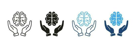 neurología, psicología línea y silueta color icono colocar. humano cerebro con manos pictograma. educación, lógica análisis, memoria, mente símbolo colección en blanco antecedentes. aislado vector ilustración.