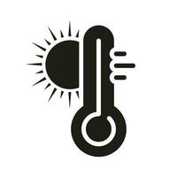 Thermometer with Sun Silhouette Icon. Hot Temperature Glyph Pictogram. Heat Sunny Day Symbol. Climate Change, Warm Weather, Global Warming Solid Sign. Isolated Vector Illustration.