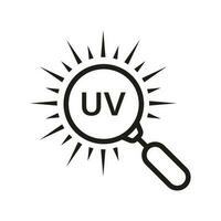 Ultraviolet Rays Research Line Icon. UV with Magnifying Glass Linear Pictogram. Summer Sunshine Outline Symbol. Danger Heatwave Sign. Isolated Vector Illustration.