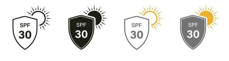 Sunblock SPF 30, Skin Protect Pictogram. Shield Block Ultraviolet Rays Symbol Collection. Sun Protection Line and Silhouette Icon Set. Summer Cream, Solar Safety Label. Isolated Vector Illustration.