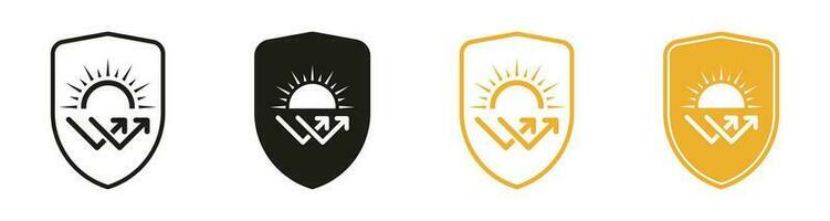 Sun Light Protection Line and Silhouette Icon Set. Shield for Block Ultraviolet Rays Label. Reflect Danger UV Radiation Pictogram. Sunscreen, SPF Symbol Collection. Isolated Vector Illustration.