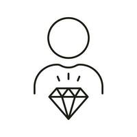 Man with Diamond, Corporate Ideology Outline Symbol. Employee Value Line Icon. Person is Core Values, Business Principles at Work Linear Pictogram. Editable Stroke. Isolated Vector Illustration.
