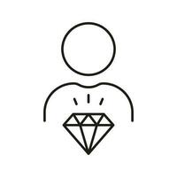 Man with Diamond, Corporate Ideology Outline Symbol. Employee Value Line Icon. Person is Core Values, Business Principles at Work Linear Pictogram. Editable Stroke. Isolated Vector Illustration.