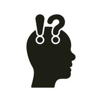 Person Doubt and Curious Glyph Pictogram. Question Mark and Exclamation Point with Human Head Silhouette Icon. Confused Face in Profile View Solid Symbol. Isolated Vector Illustration.