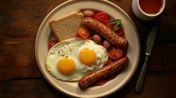 desayuno con un frito huevo y salchicha ai generado foto