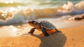 Baby turtle on the beach AI Generated photo