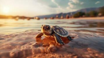 bebé Tortuga en el playa ai generado foto