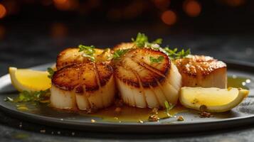 Pan seared diver scallops with lemon AI Generated photo