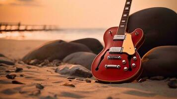 rojo guitarra en el playa ai generado foto