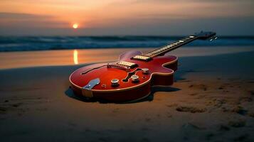 rojo guitarra en el playa ai generado foto