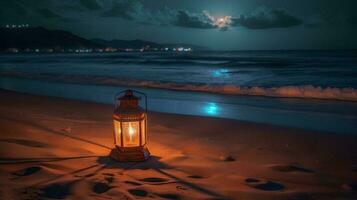 linterna en el playa a noche ai generado foto