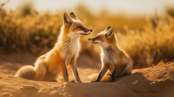 Adult and little Fox interacting AI Generated photo