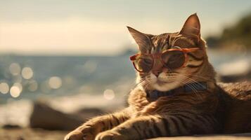 Cat wearing Sunglasses sitting on the Beach AI Generated photo