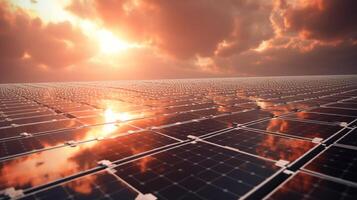 The surface of the solar battery with the reflection of the sun and the sky futuristic background. Green energy concept, solar power plant with panels on the farm. AI generated photo