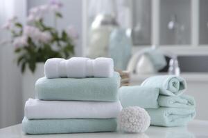 the world's softest towels against a minimalistic background. Stacked white towels sit on top of a soap dish in a bathroom. photo