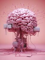 Big pink human brain with many audio jack cables plugged in this barin, 3d render, photo