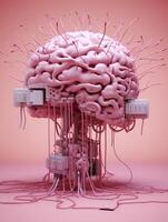 grande rosado humano cerebro con muchos audio Jack cables atascado en esta barín, 3d prestar, ai generativo foto