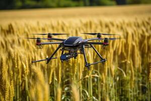 Drone monitoring crops and smart agriculture in a digital farming. photo