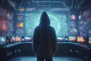 Back of anonymous robot hacker. Concept of hacking cybersecurity, cybercrime, cyberattack, etc. photo