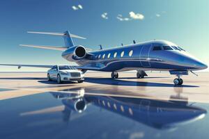 Super car and private jet on landing strip. Business class service at the airport. Business class transfer. Airport shuttle, photo